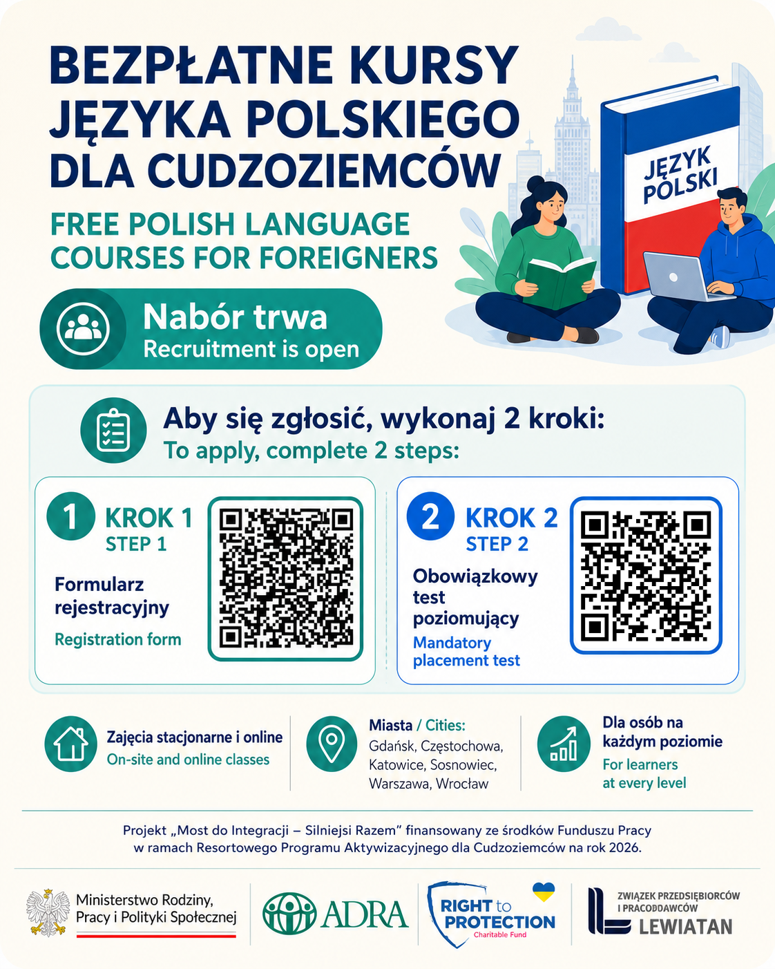 Plakat akcji bezpłatnych kurs&oacute;w języka polskiego