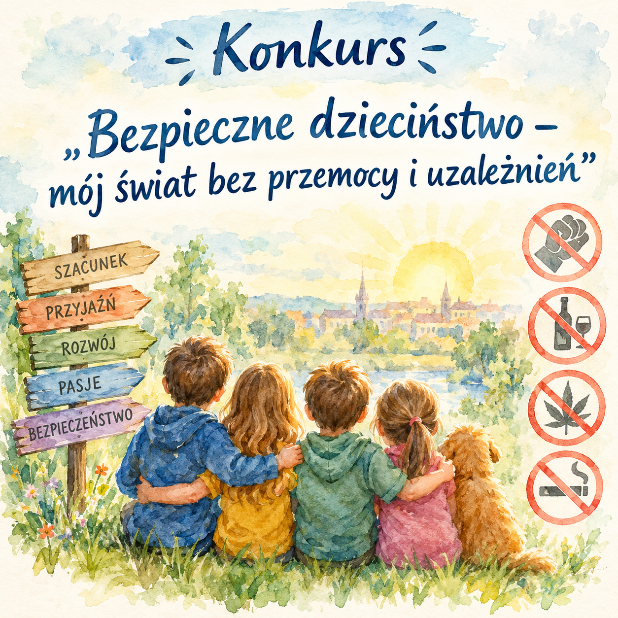 Plakat promujący konkurs „Bezpieczne dzieciństwo – mój świat bez przemocy i uzależnień”