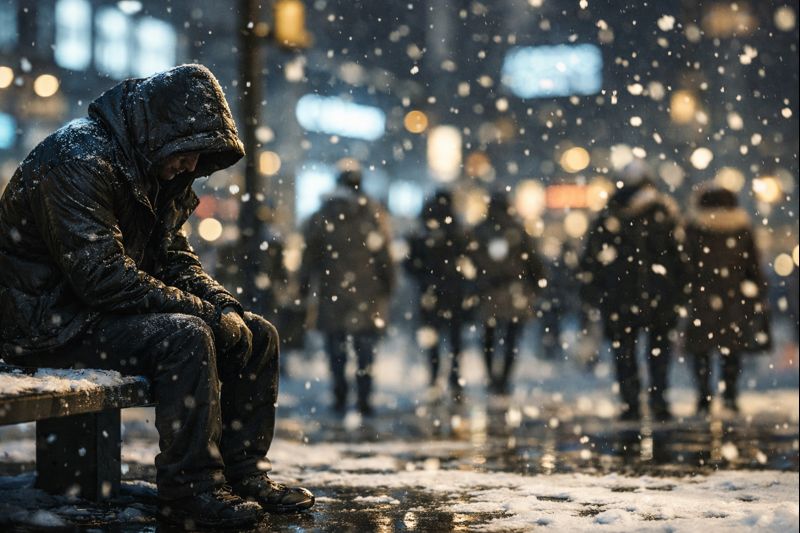 Osoba siedząca na&nbsp;ławce zimą