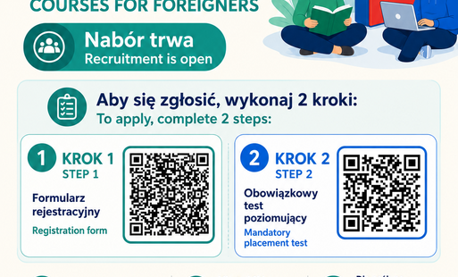 Grafika promującą darmowe kursy nauki języka polskiego