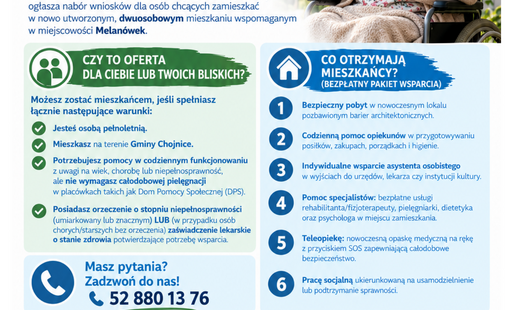 Plakat zapraszający do udziału w Projekcie „Utworzenie mieszkania wspomaganego w Gminie Chojnice”