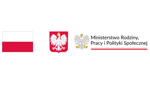 Flaga i Godło Polski oraz Logo Ministerswa Rodziny Pracy i Polityki Społecznej